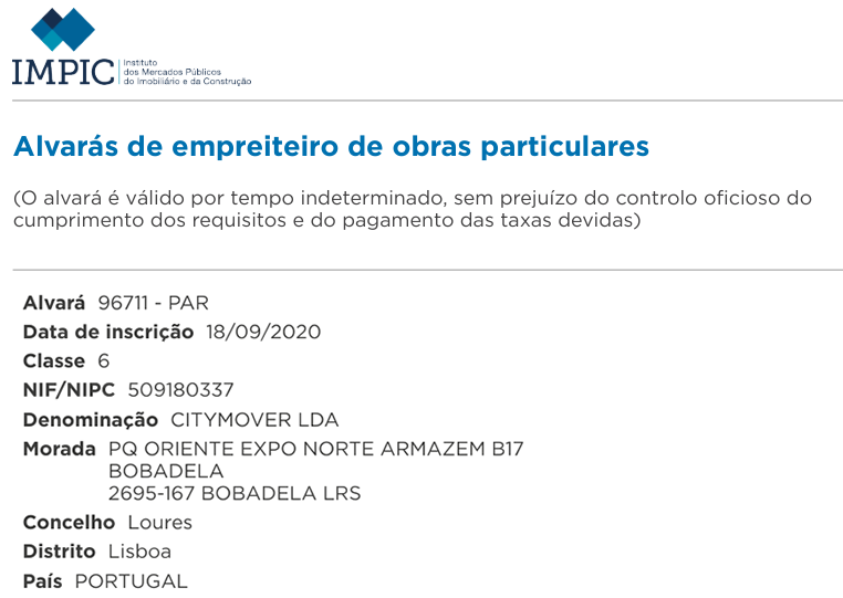 Alvará de empreiteiro de obras particulares